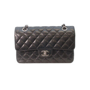 CHANEL A01113 Black Caviar Leather Silver Hardware Double Flap Matelassé 23 C...
